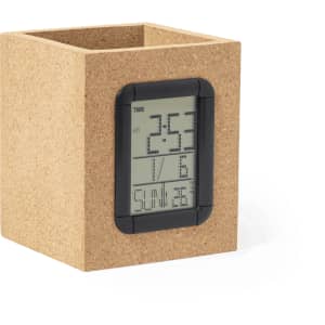 A cork pencil holder with an embedded digital clock display. Features a black frame on the front.
