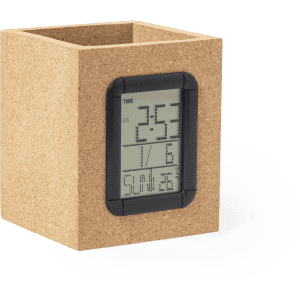 A square cork pencil holder with a digital clock display on one side. The clock shows time and date.