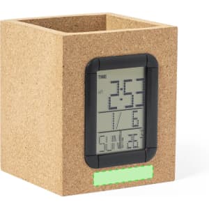 A cork pencil holder with a digital clock display and a black frame, featuring a sleek, minimalist design.