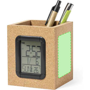 A cork pencil holder featuring a digital clock on one side, containing multiple pens in black, gold, and green.