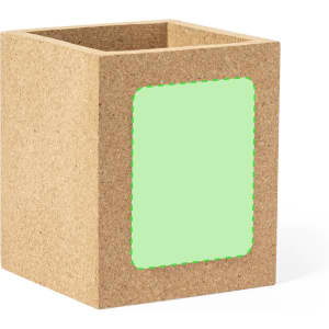 A light brown, square pencil holder made of natural material, featuring a green border where a logo may be placed.