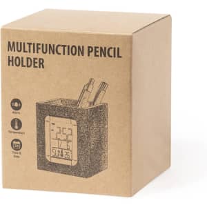A multifunction pencil holder in a brown box, featuring a digital display for time, temperature, and alarms.