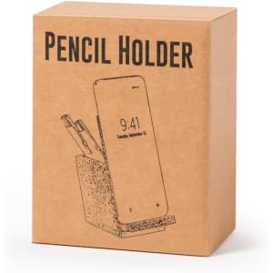 A brown cardboard box featuring an illustration of a pencil holder and a smartphone, with a logo on the front.