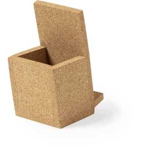 A cork pencil holder in a rectangular design with a flat back and an open front. The holder is a light brown colour.