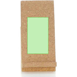 A cork pencil holder with a green insert, featuring a stable base and a simple design. It has a logo on the front.