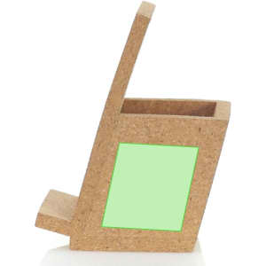 A cork pencil holder in a unique angled design with a green placeholder area. It features a simple logo.