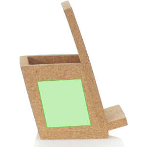 A brown pencil holder with a hinged lid and a green square insert, featuring a simple design.