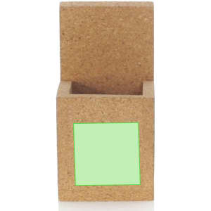 A square cork pencil holder with a removable lid and a smooth, natural finish. It features a blank green area.
