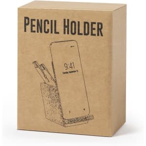 A pencil holder in a cardboard box, featuring a sketch design and space for pens. It has a logo on the box.