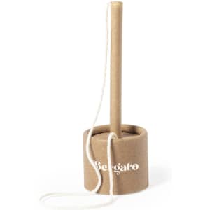 A brown paper pen holder with a wooden stick and a rope for easy lifting. It features a logo.