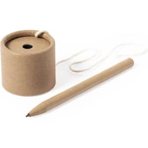 A brown, cylindrical holder made of cardboard with a pen attached by a string, featuring a minimalist design.