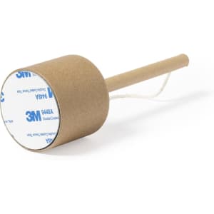 A brown adhesive tape dispenser with a paper core and string handle. It features branding on the side.