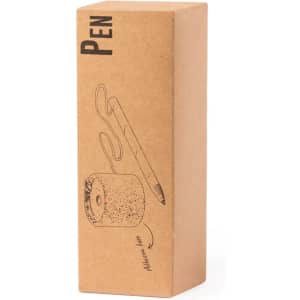 A brown cardboard box containing a pen, featuring an illustration of a pencil and a pencil sharpener on the side.