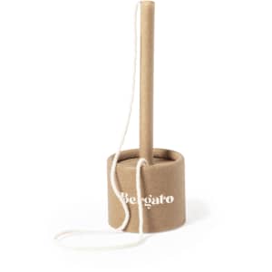 A paper dispenser in a brown cylindrical holder with a white string and a wooden stick. It features a logo.
