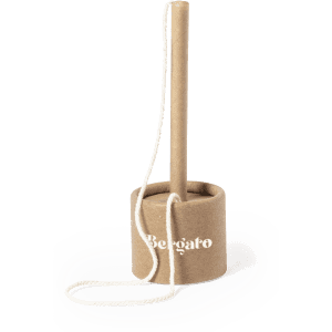 A promotional pen featuring a tan cylindrical base with a detachable brown wooden pen top, complete with a white cord.
