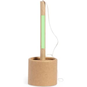 A promotional pen with a green highlight, featuring a cylindrical brown holder and a string for support.