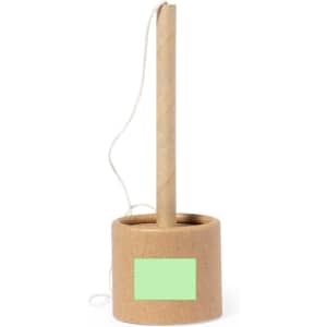 A pen holder with a cylindrical base made of brown kraft paper and a long, upright paper straw.