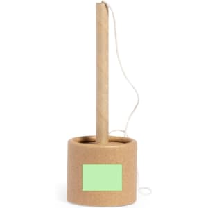 A promotional pen in brown cardboard with a cylindrical holder and a string for easy carrying.