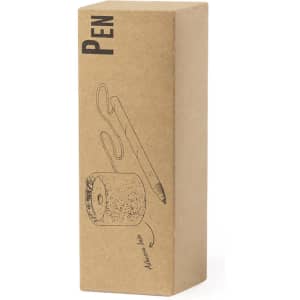 A brown cardboard box containing a pen illustration, featuring a simple design with a logo.
