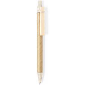 A brown pen with a wooden clip, featuring a minimalistic design and a logo on the barrel.