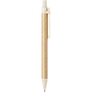 A pen with a beige barrel and white accents, featuring a clip and a logo.