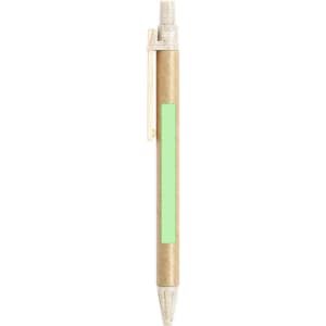 A pen with a natural brown barrel and a mint green accent, featuring a clip and a logo.