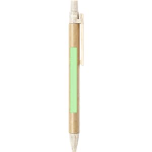 A pen with a brown barrel and a green accent, featuring a clip and a branding logo.