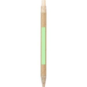 A green pen with a natural kraft body and a pointed tip, featuring a branding logo.