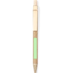 A wooden pen featuring a green accent and a clip, with a minimalistic design. The pen has a logo on its surface.