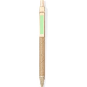 A green and brown pen with a textured finish and a logo on the side, designed for writing.