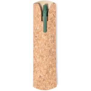 A cork pen pouch containing a green pen, featuring a simple design and a logo.