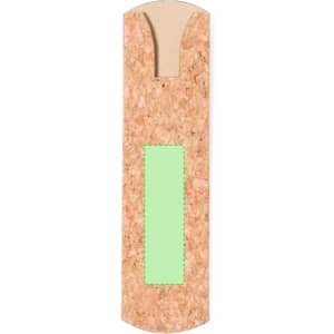 A cork pen pouch with a light green accent, featuring a logo, designed for packaging pens.
