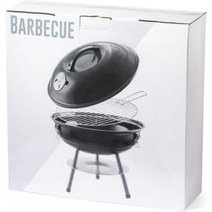 A black barbecue grill in a white box with a lid, ventilation, and a cooking grate. It has a branding logo.