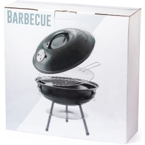 A black barbecue set displayed in a box with an open lid, featuring a cooking grill and stands.