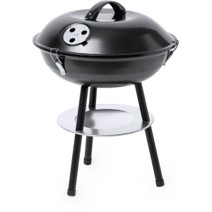 A black barbecue grill with a rounded lid, mounted on a metal stand with a shelf. It features ventilation holes.