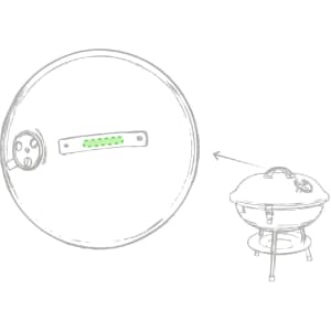 A round barbecue with a lid featuring a handle and a control dial, designed for outdoor cooking.