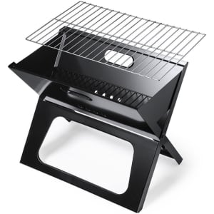 A black portable barbecue grill with a wire cooking rack, featuring a foldable design for easy storage.