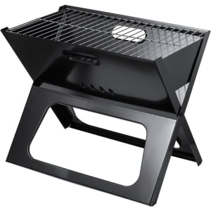 A portable black barbecue grill with a hinged lid and a wire cooking grate, designed for outdoor use.