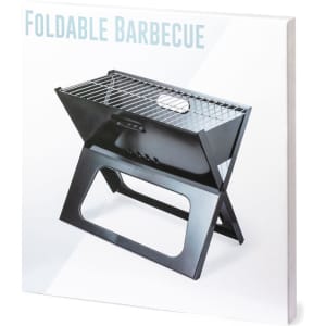 A foldable barbecue in black with a grill top, featuring a handle and a sturdy base. It has a sleek design and branding.