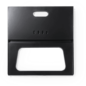 A black barbecue grill starter with a handle and ventilation holes, designed for outdoor cooking.