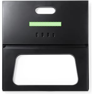A black barbecue set with a handle and an open window design, featuring a green accent. It has a logo on the surface.
