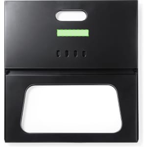A black barbecue grill cover with a handle and a rectangular opening at the bottom. It features branding.