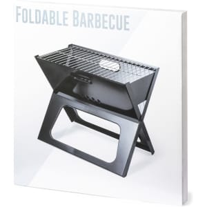 A foldable barbecue in black with a grill top, featuring a sturdy stand and a handle for easy transport.