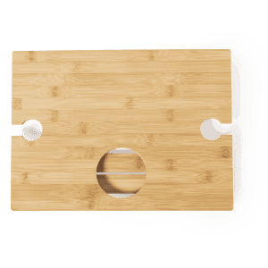 A bamboo table with cut-out sections, featuring a circular hole and two side openings, showcasing a light brown colour.