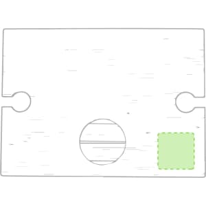 A light green table with cut-out sections, featuring a circular hole and a square patch in one corner.