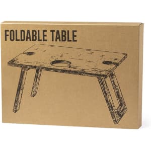 A foldable table in a brown cardboard box with a simple wooden design illustration and a logo.