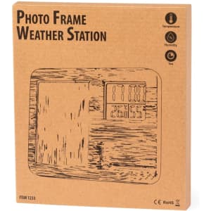 A brown packaging box for a photo frame weather station, featuring illustrations of a clock, temperature, and humidity displays.