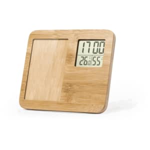 A square wooden weather station with a digital display, featuring a photo frame section. Predominantly bamboo in colour.