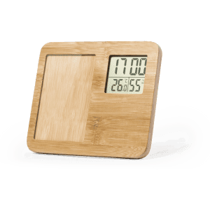 A bamboo weather station photo frame featuring a digital clock and temperature display. It's natural wood in colour.