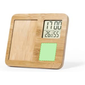 A bamboo photo frame weather station featuring a digital display for time and temperature, with a green accent panel.